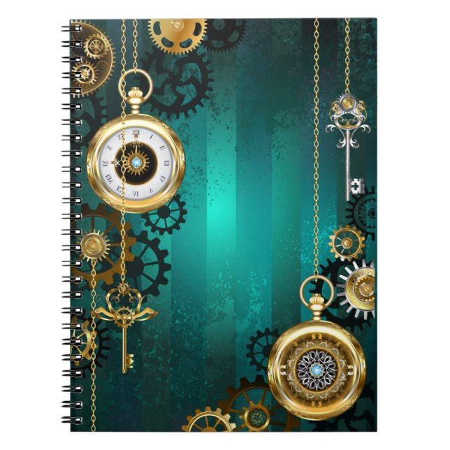 Caderno Espiral Steampunk Jewelry Watch em um fundo verde (Frente)