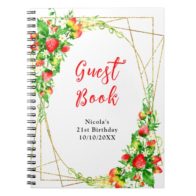 Caderno Espiral Strawberries and Daisies Birthday Guest Book (Frente)