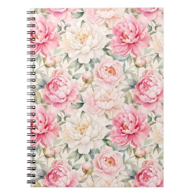 Caderno Espiral Suaves flores de peônia em aquarela com tons pasté (Frente)