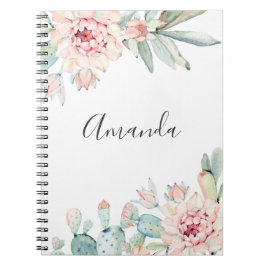 Caderno Espiral Suculentes de aquarela. Cacto floral rosa. Cactos