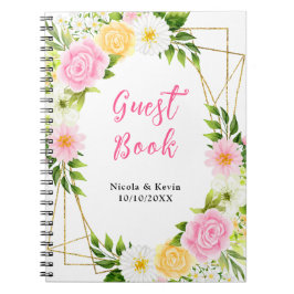 Caderno Espiral Summer Pink and Yellow Floral Wedding Guest Book