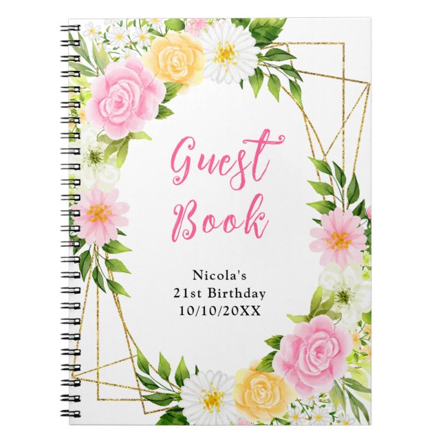 Caderno Espiral Summer Pink and Yellow Flowers Birthday Guest Book (Frente)