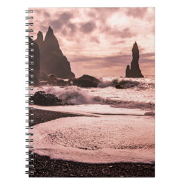 Caderno Espiral Sunset na praia de areia negra de Reynisfjara, Isl