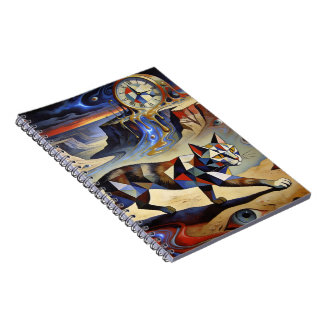 Caderno Espiral Surreal Cat Melting Clocks Dali Picasso Inspired