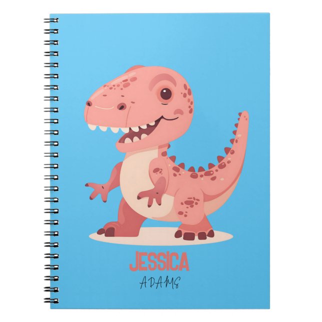 Caderno Espiral T-Rex Dino Rosa Divertido Com Nome das Crianças (Frente)