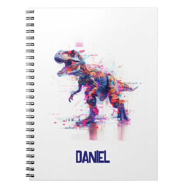 Caderno Espiral T-Rex Dinossauro Futurístico com Efeito Glitch e N (Frente)