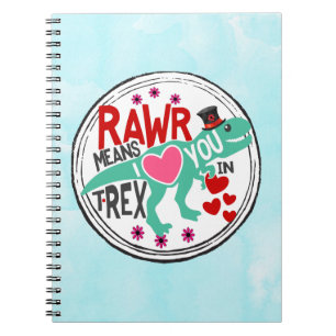 Caderno Espiral T-Rex em um Top Hat Rawr significa que te amo engr