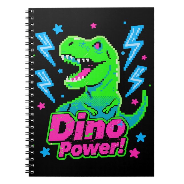 Caderno Espiral T-Rex Pixel de Poder de Arcade Retro (Frente)
