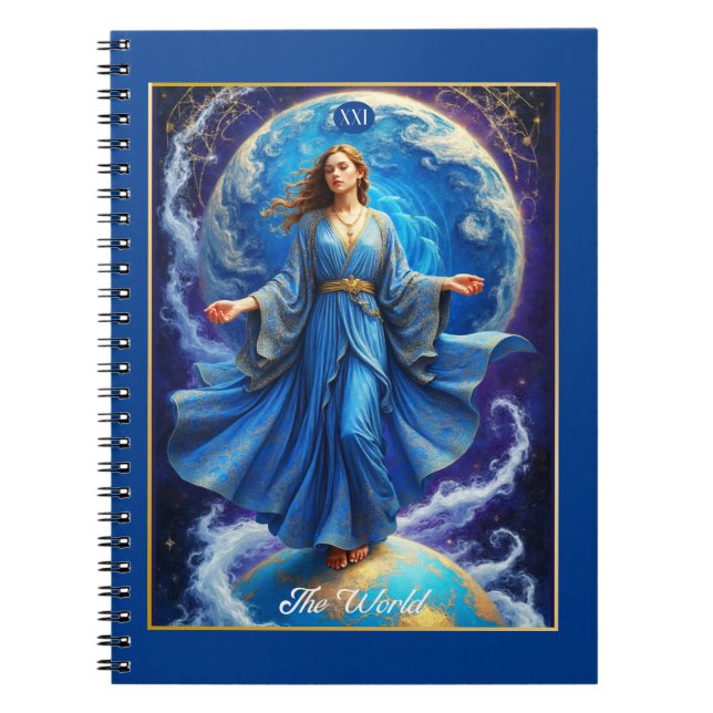 Caderno Espiral Tarot Card, o mundo, em Azul Profundo (Frente)