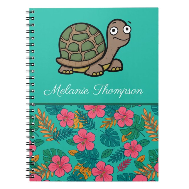 Caderno Espiral Tartaruga Engraçada Padrão Floral Nome Personaliza (Frente)
