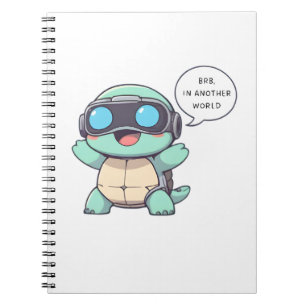 Caderno Espiral Tartaruga Gamer de VR "BRB Em Outro Mundo" Kawaii