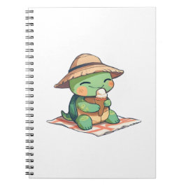Caderno Espiral Tartaruga Kawaii Chibi de Chapéu de Palha Comendo 
