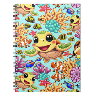Caderno Espiral Tartaruga Marinha Bebê Feliz e Fofa Personagem