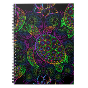 Caderno Espiral Tartaruga marinha em cores multicolores psicodéli