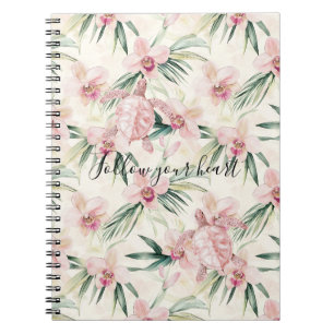 Caderno Espiral Tartaruga Marinha Floral Orquídea Listras Creme Ru