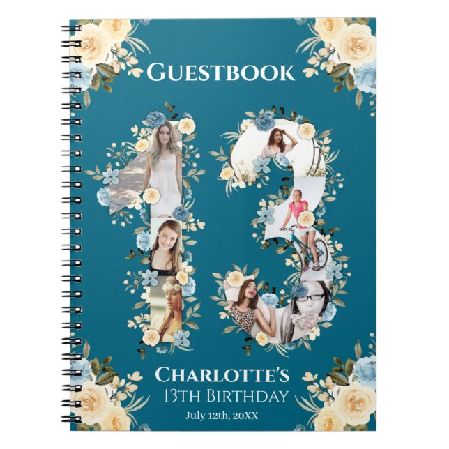 Caderno Espiral Teal 13 Birthday Foto Yellow Flower Guest Book (Frente)