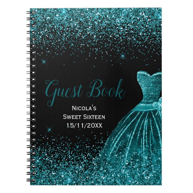 Caderno Espiral Teal Blue Dress Faux Glitter Sweet 16 Guest Book (Frente)
