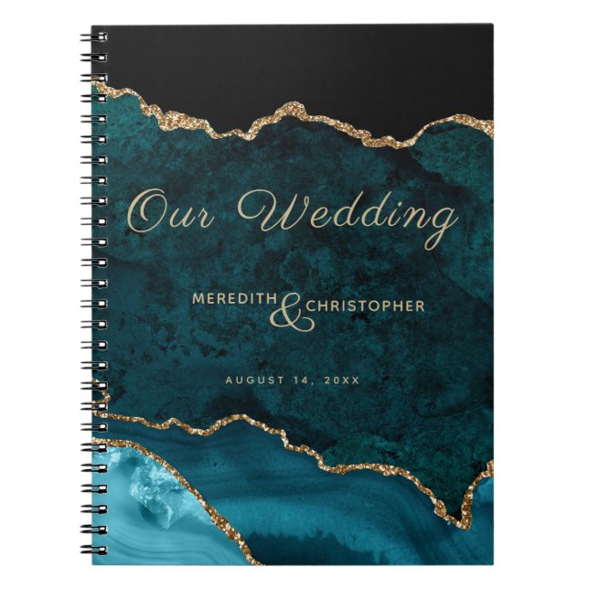 Caderno Espiral Teal Blue Glitter Agita Nosso Notebook De Casament (Frente)