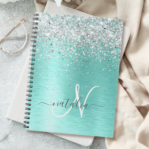 Caderno Espiral Teal Brugado Metal Silver Glitter Nome Monograma
