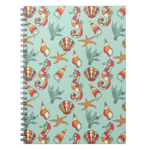 Caderno Espiral Teal de Patterno de Seacavalo e Seashell