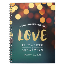 Caderno Espiral Teal Dourado Bokeh String Luzes de Casamento Guest