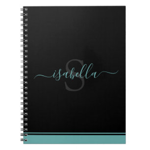 Caderno Espiral Teal Elegante Moderno Simples, Monograma, Com Na m