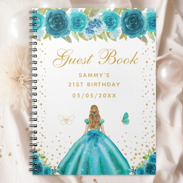 Caderno Espiral Teal Floral Blonde Hair Princess Guest Book (Criador carregado)