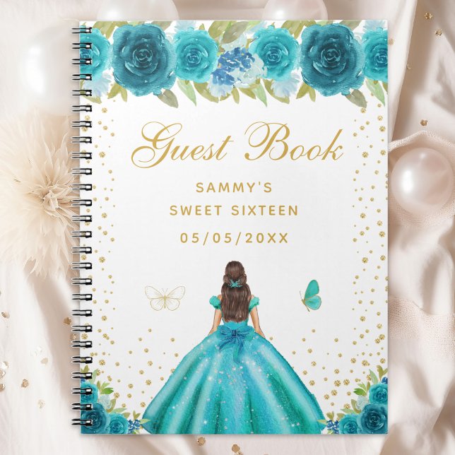Caderno Espiral Teal Floral Brunette Hair Princess Sweet (Criador carregado)