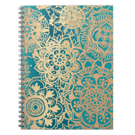 Caderno Espiral Teal Green e Dourado Padrão Floral de Mandala