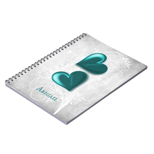 Caderno Espiral Teal Hearts Personalizado Notebook (Left Side)