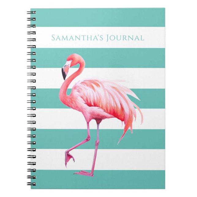 Caderno Espiral Teal White Stripes Cor-de-rosa Flamingo Nome Perso (Frente)