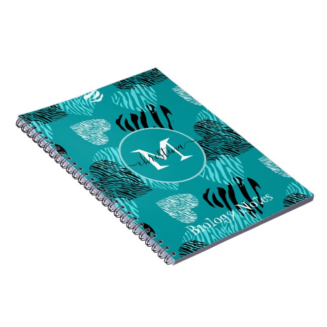Caderno Espiral Teal White Zebra Print Hearts Monograma (Lado Direito)