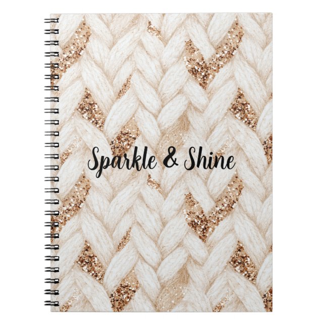 Caderno Espiral Tecido Falso Branco Trançado com Purpurina Dourada (Frente)