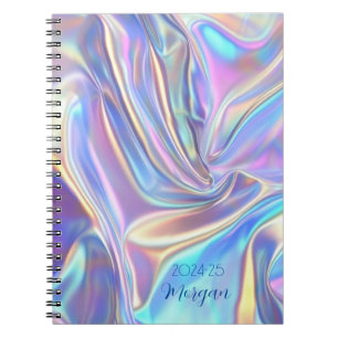 Caderno Espiral Tecido Metálico Iridescente Brilhante Data, Nome e