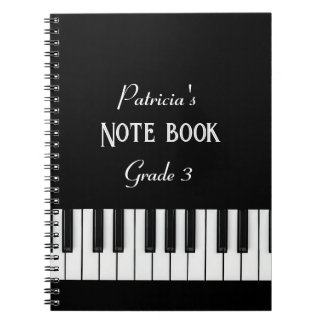 Caderno Espiral Teclado Piano e texto personalizável preto e branc