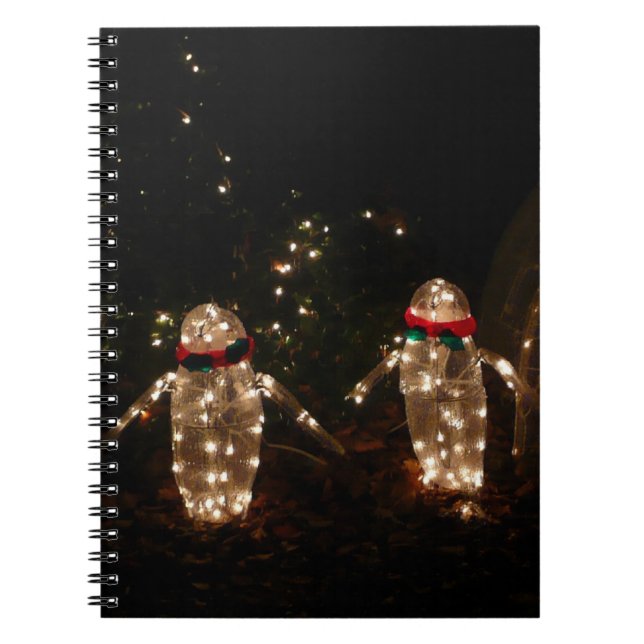 Caderno Espiral Tela de luz de feriado dos pinguins (Frente)