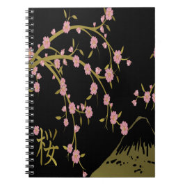 Caderno Espiral Tela Japonesa Rosa Sakura Dourado Preto