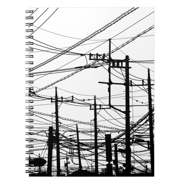 Caderno Espiral Telefone Antigo e Linhas de Energia (Frente)
