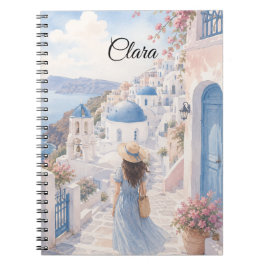 Caderno Espiral Tema Menina da Ilha Grega Nome Personalizado