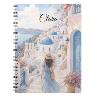 Caderno Espiral Tema Menina da Ilha Grega Nome Personalizado