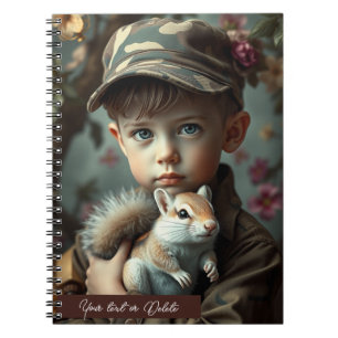 Caderno Espiral Tema militar criança segurando seu brinquedo perso