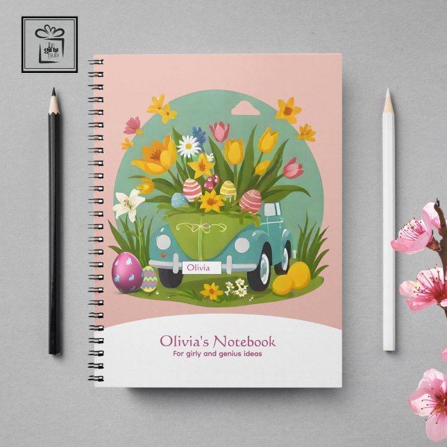 Caderno Espiral Temas de Páscoa de Carro Floral Girly Personalizad (Custom Girly Floral Car Easter-themed Notebook)