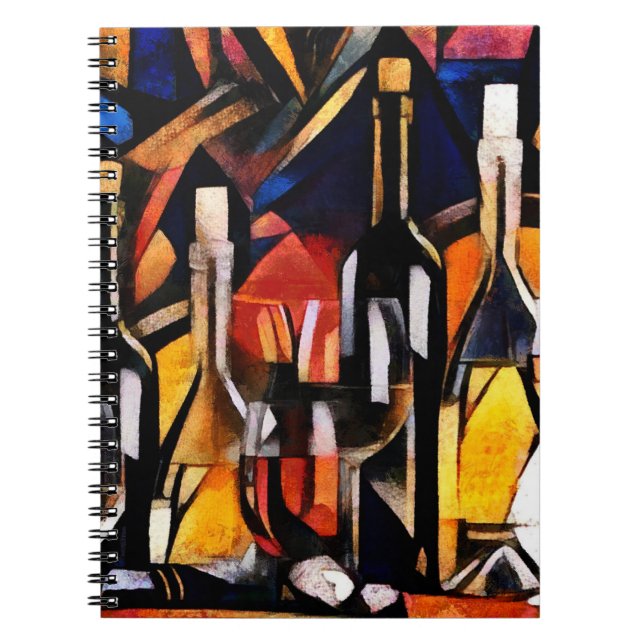 Caderno Espiral Temas do vinho Cubismo: Garrafas e Uvas (Frente)
