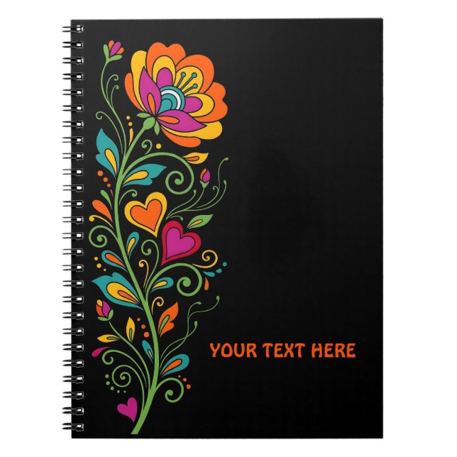 Caderno Espiral Tendrils de Flor Poderosa Retro Borda 19 + seu tex (Frente)