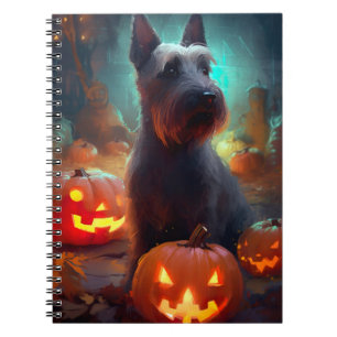 Caderno Espiral Terrier Escocês de Halloween com Abóboras Assustad