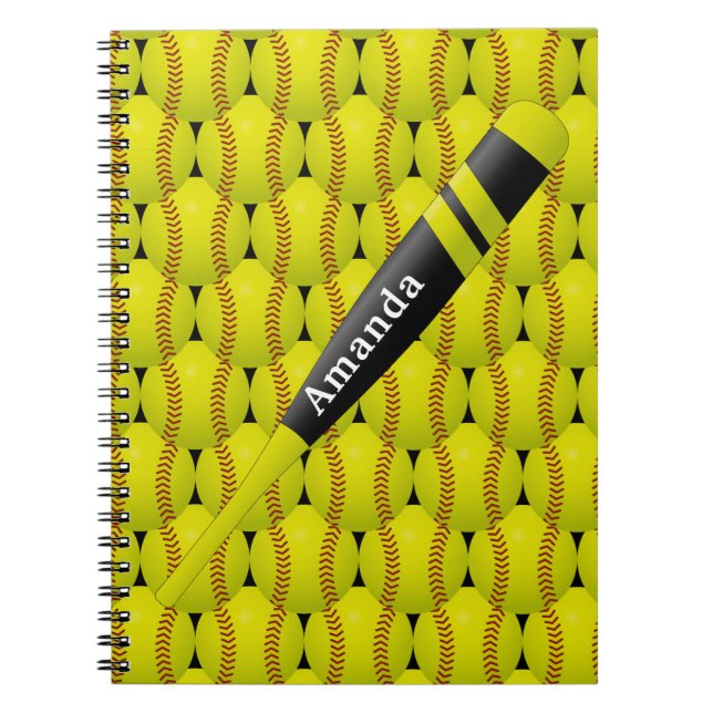 Caderno Espiral Teste padrão amarelo personalizado do softball (Frente)