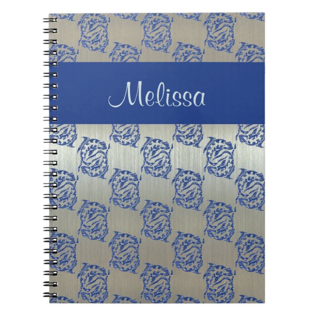 Caderno Espiral Teste padrão azul de prata dos peixes dos peixes (Frente)