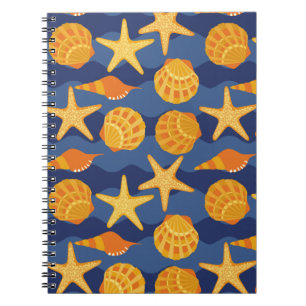 Caderno Espiral Teste padrão azul e alaranjado do Seashell