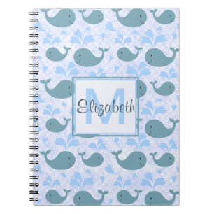 Caderno Espiral Teste padrão bonito do monograma das baleias azui