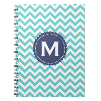 Caderno Espiral Teste padrão branco azul de Chevron do monograma